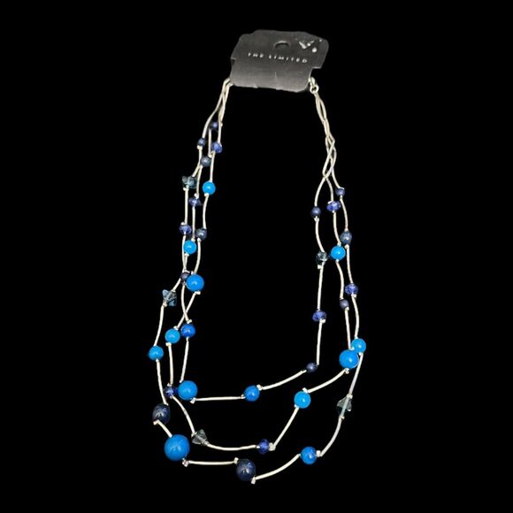 The Limited Three Strand Blue Beaded Acrylic Pearl Silver Tone Necklace - NWT - Picture 1 of 5